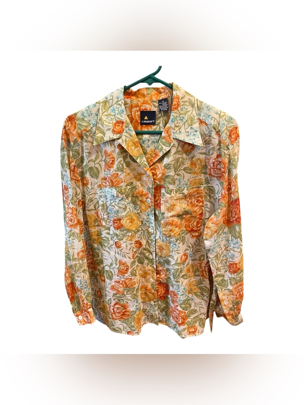 Lizsport Cotton Blouse Women’s Size Medium Long Sleeve Button Up Sheer Floral